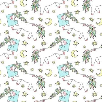 Seamless pattern of hand-drawn sleeping unicorns on a pillow with a moon and  Ilustração Stock