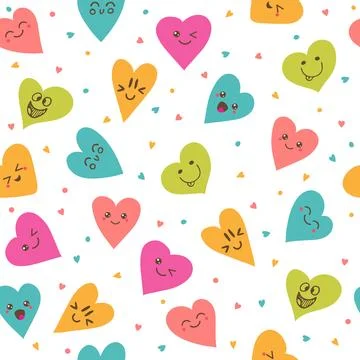 Seamless pattern with hand drawn smiley hearts. Cute cartoon characters. Stock Illustration