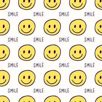 Seamless pattern with hand-drawn smiley faces and the word "SMILE" in a pla.. Stock Illustration