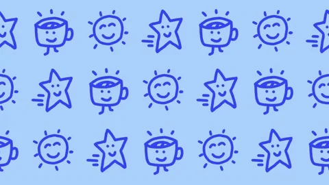 Seamless pattern of hand-drawn smiling suns, shooting stars, and morning coffee Stock Footage 337118865