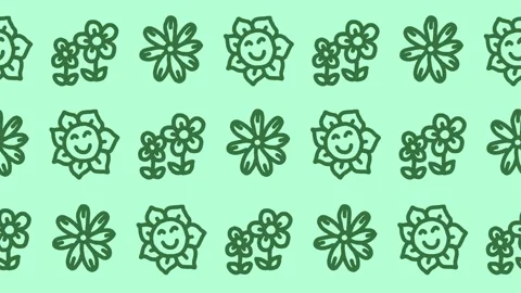Seamless pattern of hand-drawn smiling sunflowers, blooming daisies, and floral Stock Footage 337247031