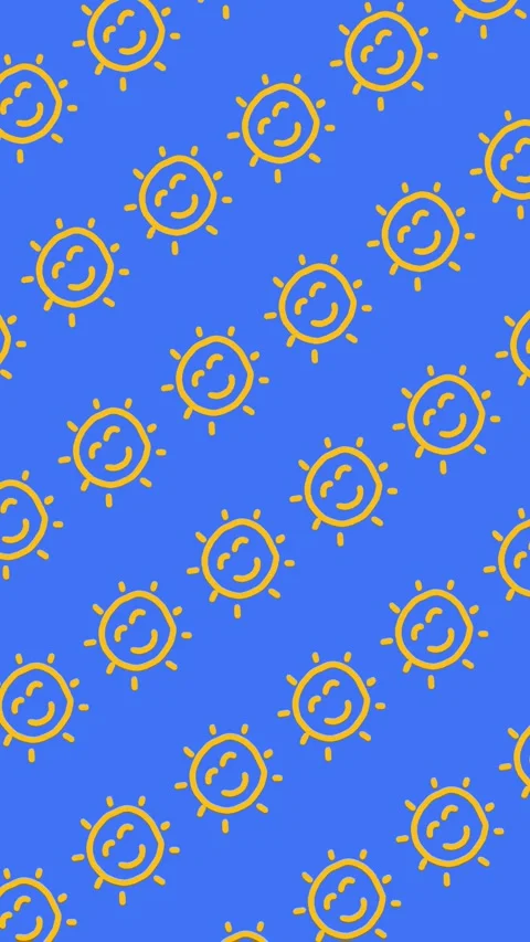 Seamless pattern of hand-drawn smiling suns on abstract vertical blue background Stock Footage 340244895