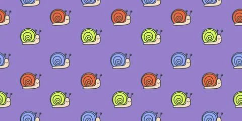 Seamless pattern with hand-drawn smiling snail character. 스톡 일러스트