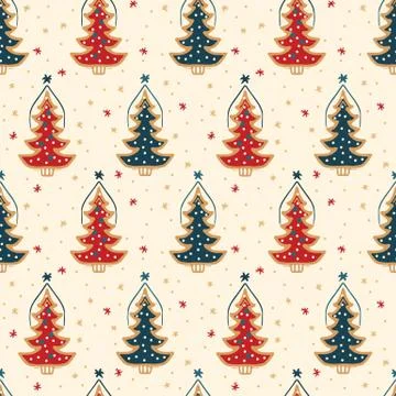 Seamless pattern. Hand drawn snow Christmas tree. Star fir forest snowflakes Stock Illustration