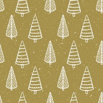 Seamless pattern. Hand drawn snow Christmas tree. Star fir forest snowflakes Stock Illustration
