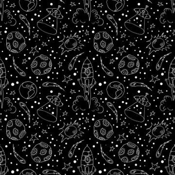 Seamless pattern with hand drawn space elements Stock Illustration