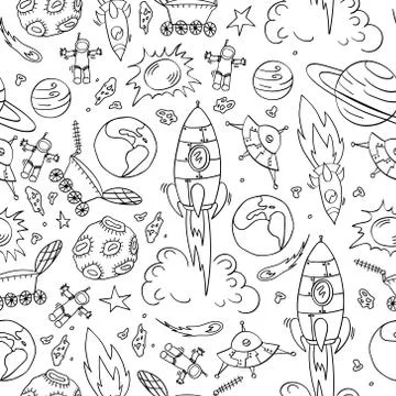 Seamless pattern with hand drawn space elements Stock Illustration