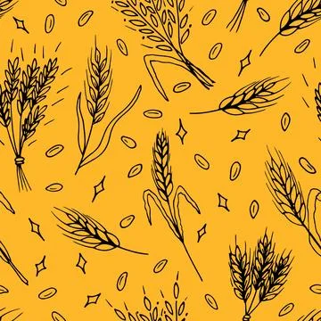 Seamless pattern with hand drawn spikelets of wheat in sketch. Grain ears. .. 스톡 일러스트