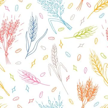 Seamless pattern with hand drawn spikelets of wheat in sketch. Grain ears. .. Stock Illustration