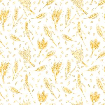 Seamless pattern with hand drawn spikelets of wheat in sketch. Grain ears. .. Stock Illustration