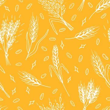 Seamless pattern with hand drawn spikelets of wheat in sketch. Grain ears. .. Stock Illustration