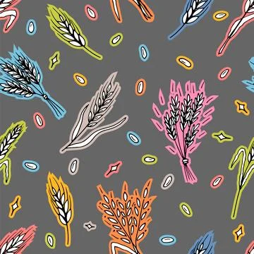 Seamless pattern with hand drawn spikelets of wheat in sketch. Grain ears. .. Stock Illustration