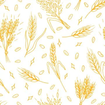 Seamless pattern with hand drawn spikelets of wheat in sketch. Grain ears. .. イラスト素材