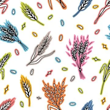 Seamless pattern with hand drawn spikelets of wheat in sketch. Grain ears. .. Stock Illustration