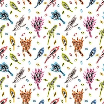 Seamless pattern with hand drawn spikelets of wheat in sketch. Grain ears. .. Stock Illustration