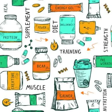 Seamless pattern with hand drawn sport nutrition items Stock Illustration