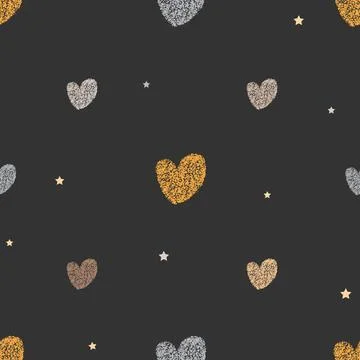 Seamless pattern with hand-drawn spotted hearts on dark grey background in boho Stock Illustration