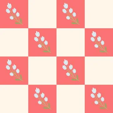 Seamless pattern with hand drawn spring flowers on checkered background. Cute Stock Illustration