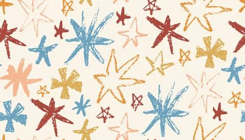 Seamless pattern of hand-drawn stars created with oil pastel texture in a e.. Illustrazione stock