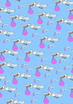 Seamless pattern with hand drawn storks carrying a pink bundle on light blue Stock Illustration