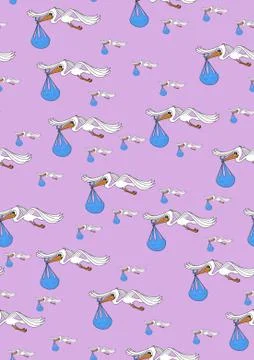 Seamless pattern with hand drawn storks carrying a bundle of blue color on a Stock Illustration