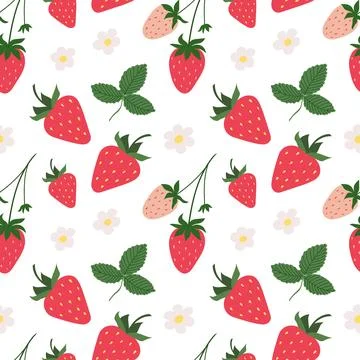 Seamless pattern of hand drawn strawberries and flowers on transparent backgr Stock Illustration