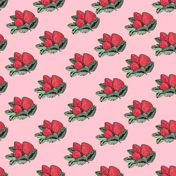 Seamless pattern with hand drawn strawberries with leaves on pink background Stock Illustration