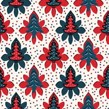 Seamless pattern. Hand drawn stylized Christmas tree floral. Poinsettia flower Stock Illustration