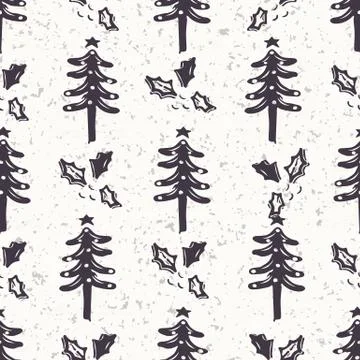 Seamless pattern. Hand drawn stylized Christmas tree. Fir holly leaf forest on Illustrazione stock