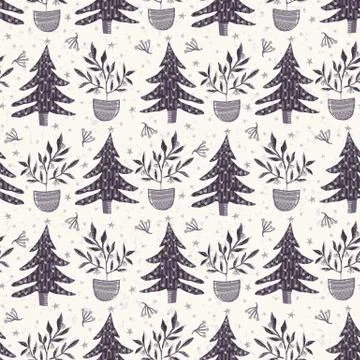 Seamless pattern. Hand drawn stylized Christmas tree. Fir leaf berries plan Stockillustratie