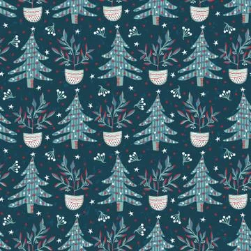 Seamless pattern. Hand drawn stylized Christmas tree. Fir leaf berries plan イラスト素材