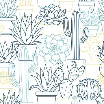 Seamless Pattern with Hand-Drawn Succulents and Cacti in Pots. Stock Illustration