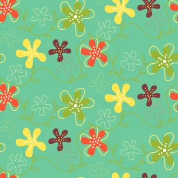 Seamless pattern of hand drawn summer flowers on a green background. Stock Illustration