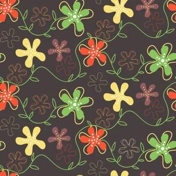 Seamless pattern of hand drawn summer flowers on a dark background. Stock Illustration