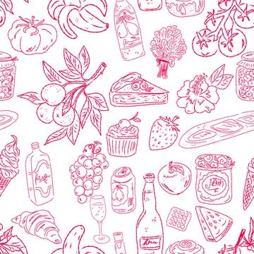 Seamless pattern of hand drawn summer food icons. Mediterranean dolce vita. S Stock Illustration