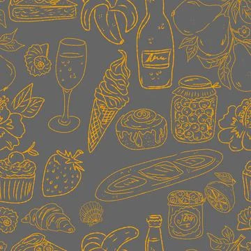 Seamless pattern of hand drawn summer food icons. Mediterranean dolce vita. S Stock Illustration
