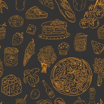 Seamless pattern of hand drawn summer food icons. Mediterranean dolce vita. S Illustrazione stock