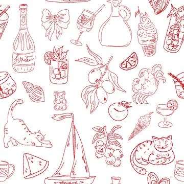 Seamless pattern of hand drawn summer food icons. Mediterranean dolce vita. S Stock-Illustration