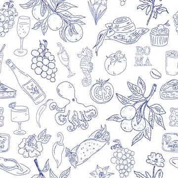 Seamless pattern of hand drawn summer food icons. Mediterranean dolce vita. S Stock Illustration