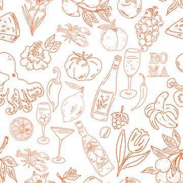 Seamless pattern of hand drawn summer food icons. Mediterranean dolce vita. S Stock Illustration