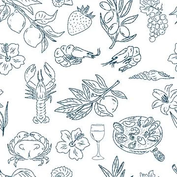 Seamless pattern of hand drawn summer food icons. Mediterranean dolce vita. S Stock Illustration