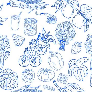 Seamless pattern of hand drawn summer food icons. Mediterranean dolce vita. S Stock Illustration