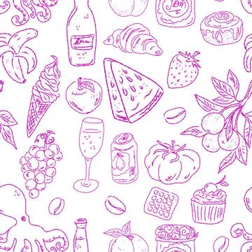 Seamless pattern of hand drawn summer food icons. Mediterranean dolce vita. S Stock Illustration