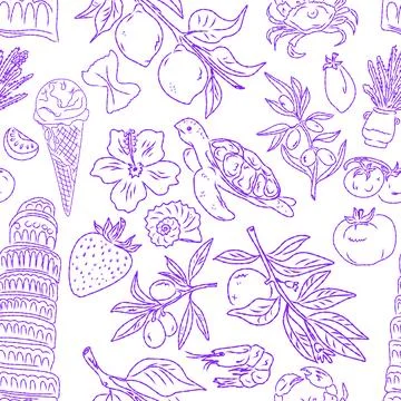 Seamless pattern of hand drawn summer food icons. Mediterranean dolce vita. S Stock Illustration