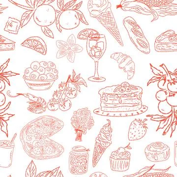 Seamless pattern of hand drawn summer food icons. Mediterranean dolce vita. S Stock Illustration