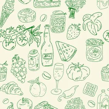 Seamless pattern of hand drawn summer food icons. Mediterranean dolce vita. S Stock Illustration
