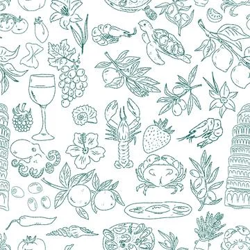 Seamless pattern of hand drawn summer food icons. Mediterranean dolce vita. S Stock Illustration