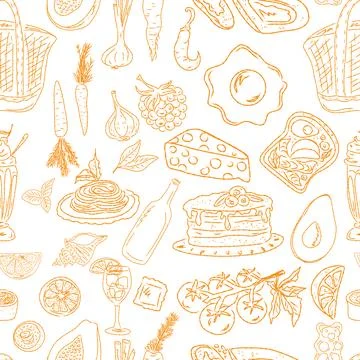 Seamless pattern of hand drawn summer food icons. Mediterranean dolce vita. S Stock Illustration
