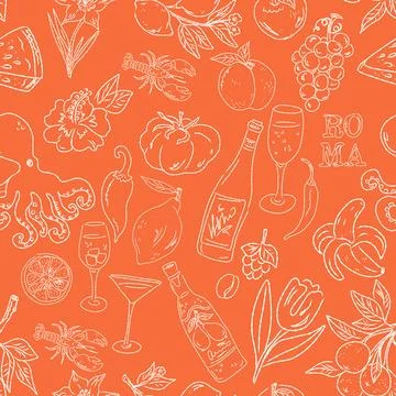 Seamless pattern of hand drawn summer food icons. Mediterranean dolce vita. S Stock Illustration