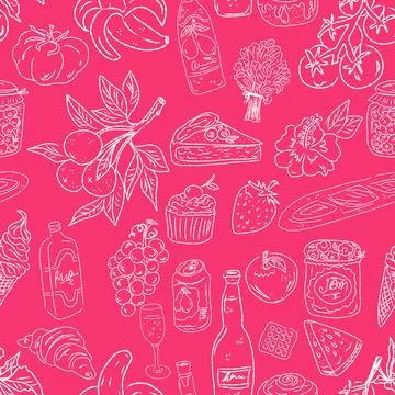 Seamless pattern of hand drawn summer food icons. Mediterranean dolce vita. S Stock Illustration